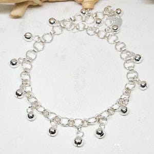 925 GENUINE Sterling Silver Ball Charm Anklet, Silver Circle Link Anklet, Jingle Bell Anklet, Boho Jewelry, Belly Dancer Jewelry, 10&quot; length