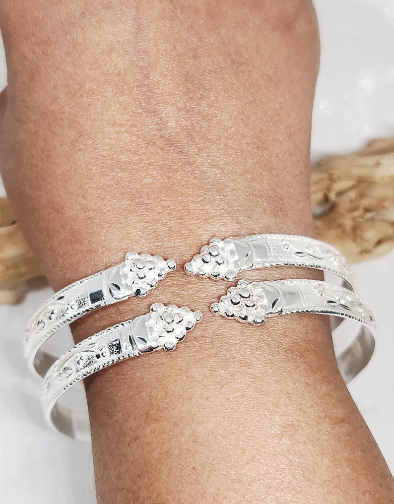 925 GENUINE Sterling Silver Flat Bangles, Grape Head Bangles, Hand ...