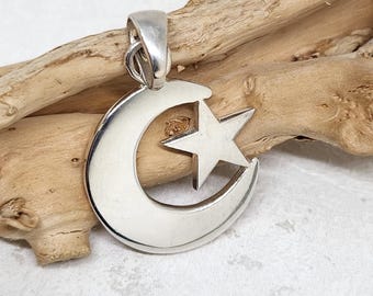 Grand pendentif lune en ormeau en argent sterling - Collier de coquillages croissant irisé, pierre d'ange, bijoux célestes, cadeau océanique pour elle - France