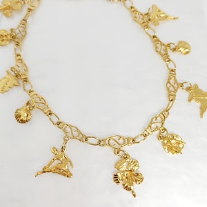 10K Yellow Gold VINTAGE Charm Anklet, Gold Island Anklet, Gold Caribbean Charm Anklet, West Indian Jewelry, Trinidad Anklet, 11 1/4&quot; length