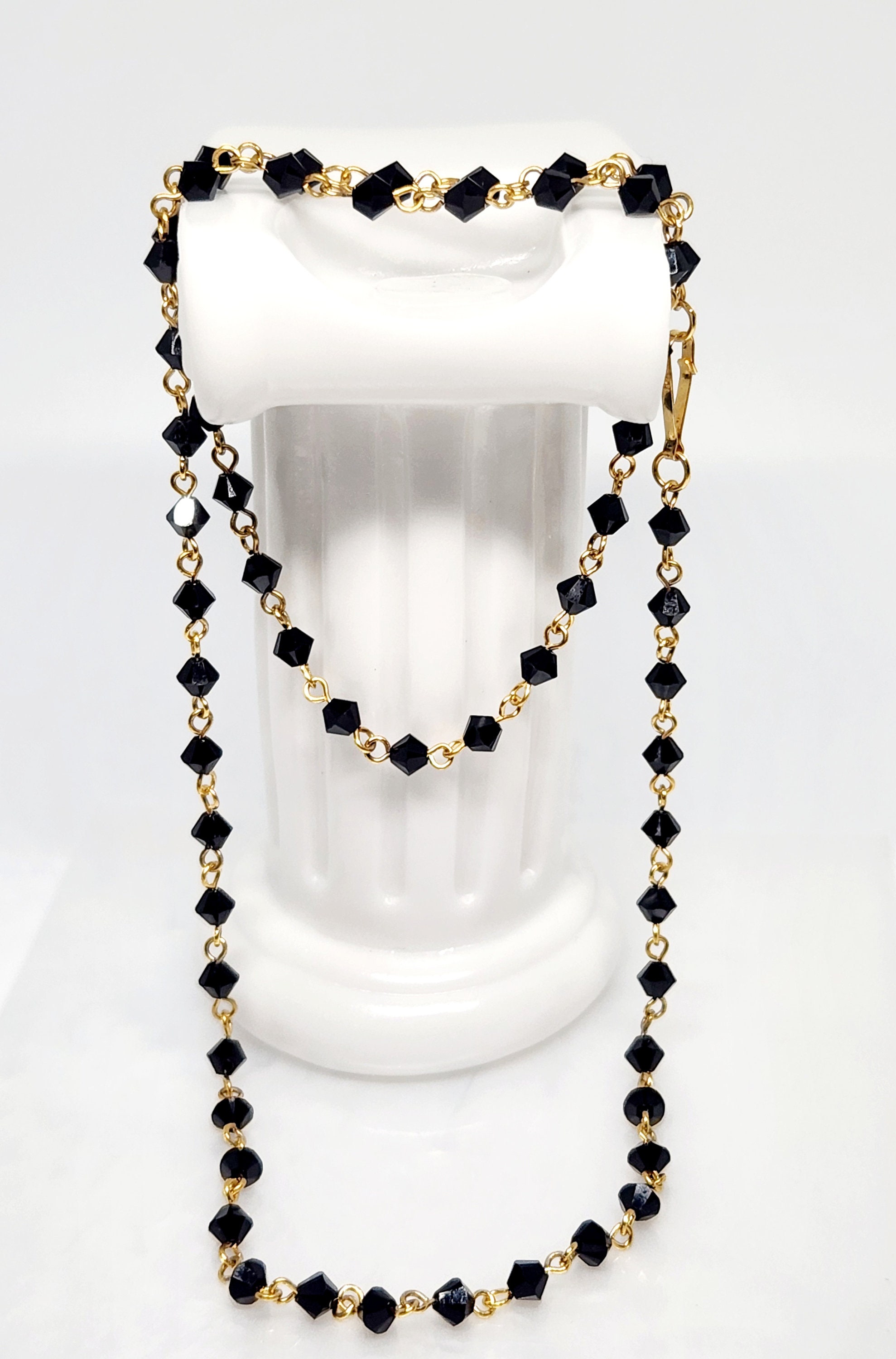 10K Genuine Gold Jet Bead Necklace, Gold Jet Bead Anklet, Gold Jet