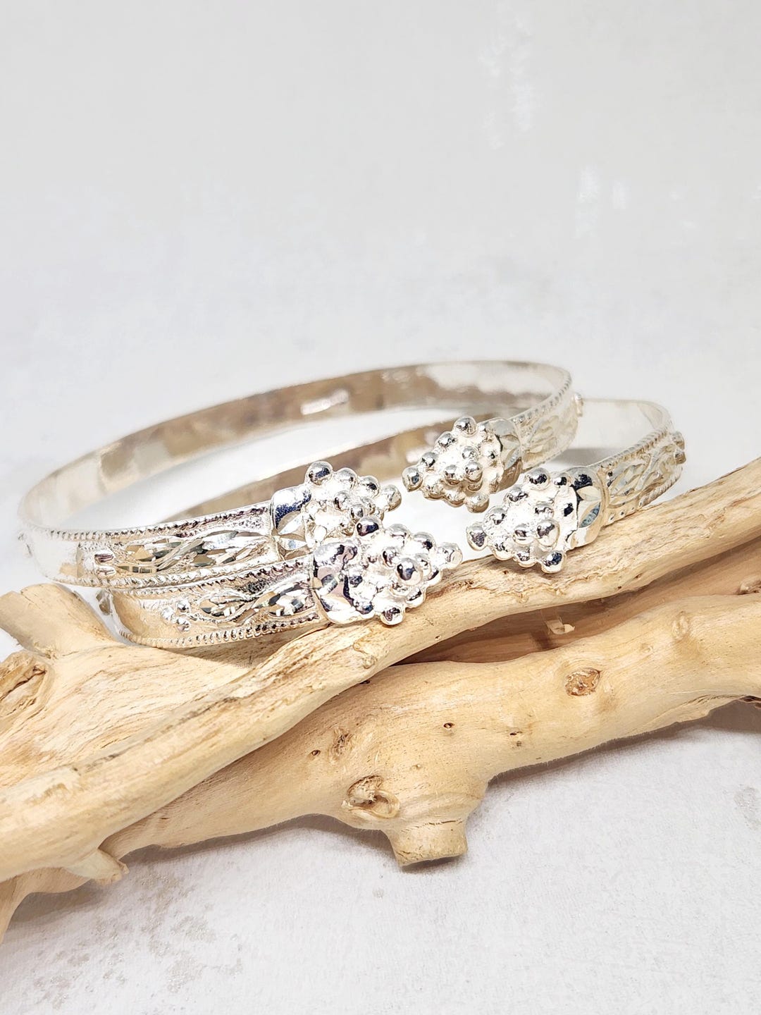 925 GENUINE Sterling Silver Flat Bangles, Grape Head Bracelets