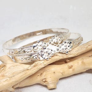 925 GENUINE Sterling Silver Flat Bangles, Grape Head Bracelets, Hand Carved Flower Bangles, Vine Bracelets, West Indian Bangles, 7.5&quot; width