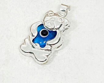 925 Genuine Sterling Silver Puffy Bear Charm, Silver Teddy Bear Pendant, Dimensional Bear, Evil Eye Charm, Protection Jewelry, 18MM x 12MM