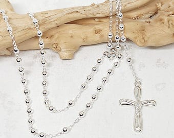 Rozenkransketting van echt 925 sterling zilver, sieraad met afbeelding van de Heilige Maagd Maria, kruisje, devotiesieraad, geloofssieraad, ketting met 3 mm kralen, 40 cm
