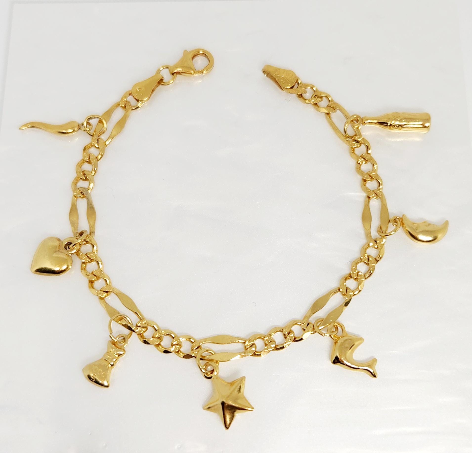 アクセサリー vintage Figaro chin charm bracelet 10K Yellow Gold VINTAGE Charm Bracelet, Gold Figaro Bracelet