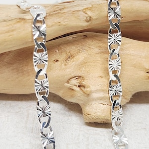 925 GENUINE Sterling Silver Mariner Necklace, Star Patterned Mariner Chain, Solid Silver Chain, Unisex Necklace, Diamond Cut Link, 3mm wide