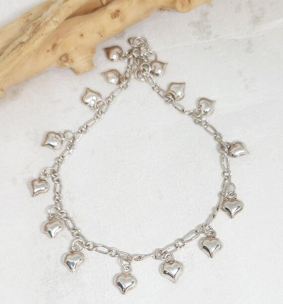 925 GENUINE Sterling Silver VINTAGE Charm Anklet, SOLID Figaro Link,Silver Heart Anklet, Silver Ladies Anklet, Gift for her, 9-10" length