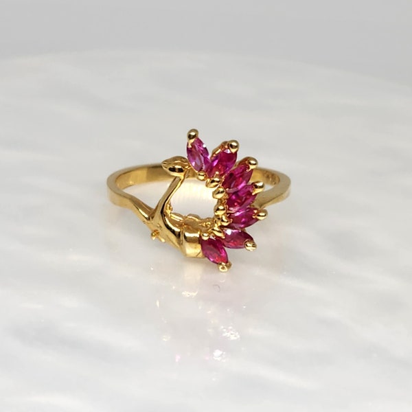 10K Genuine Gold Peacock Ring, Pink Zircon, Unique Statement Ring, Stone Ring, Peacock Ring, Birthday Gift, Anniversary gift, SIZE 8