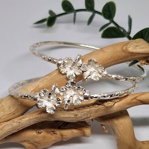 925 GENUINE Sterling Silver Flower Bangles, Silver Hibiscus Bangles, Hand Carved Bracelets, Flower Bangles, West Indian Bangles, 7 & 7.5&quot;