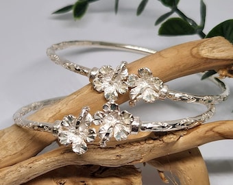 925 GENUINE Sterling Silver Flower Bangles, Silver Hibiscus Bangles, Hand Carved Bracelets, Flower Bangles, West Indian Bangles, 7 & 7.5&quot;