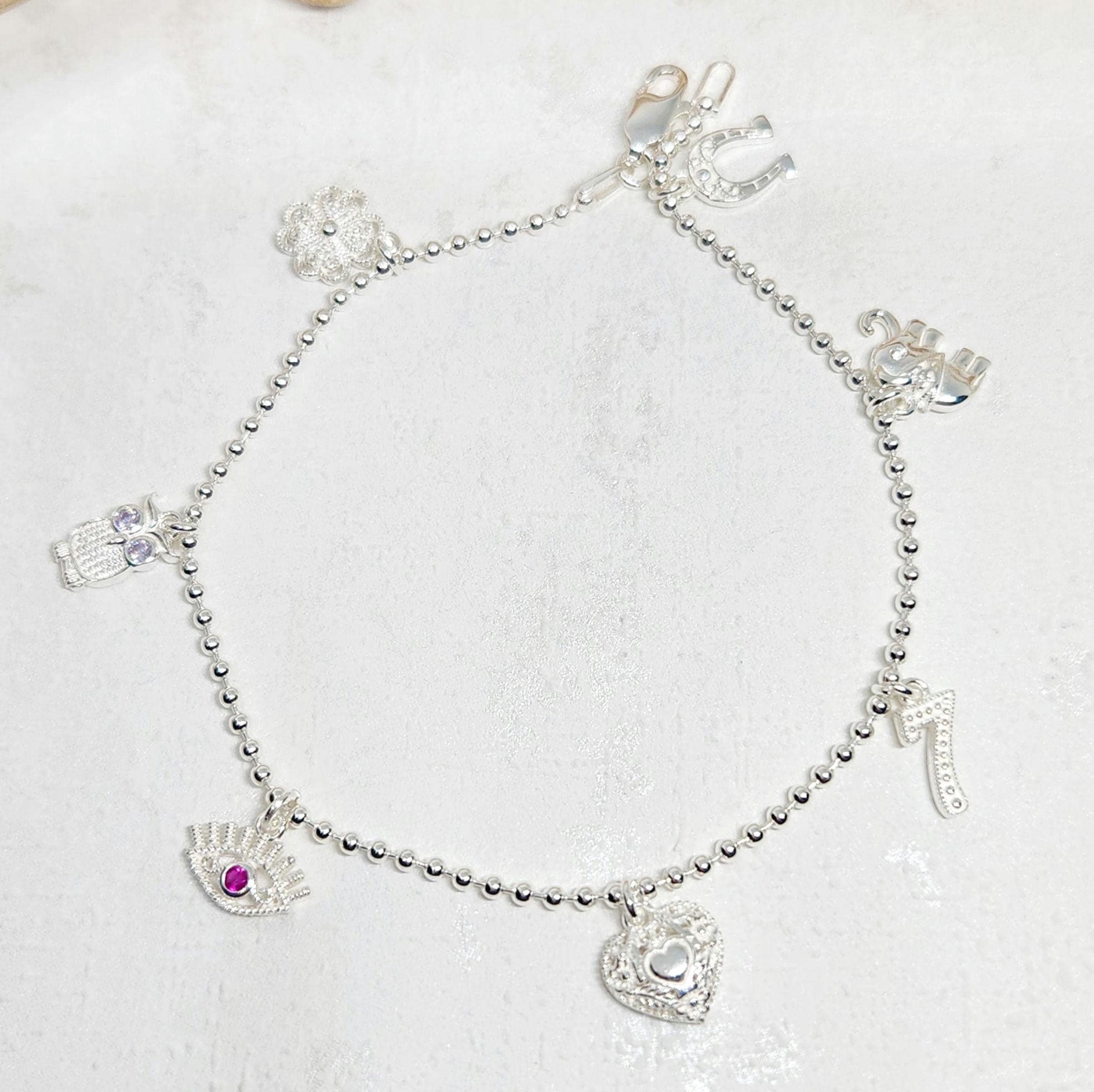 925 GENUINE Sterling Silver Lucky Charm Bracelet, Silver Good Luck Bracelet, Silver Ball Link Bracelet, Silver Charm Bracelet, 8 1/4" long
