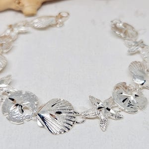 925 GENUINE Sterling Silver Sand Dollar Bracelet, Silver Starfish Bracelet, Ocean Jewelry, Silver Sea Shell Jewelry, Summer Jewelry, 8&quot; long
