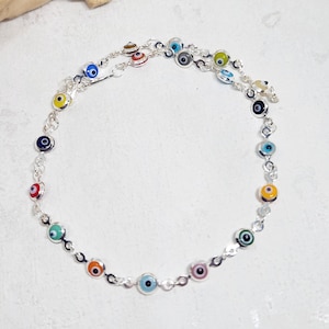 925 GENUINE Sterling Silver Evil Eye Anklet, Silver Protection Anklet, Protection Jewelry, Gift for friend, Colorful Evil Eye Anklet, 10.5&quot;