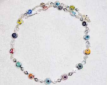 925 GENUINE Sterling Silver Evil Eye Anklet, Silver Protection Anklet, Protection Jewelry, Gift for friend, Colorful Evil Eye Anklet, 10.5&quot;