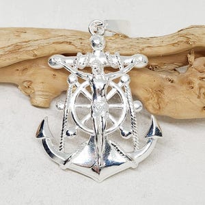 GROSSER Ankeranhänger, silberner Kruzifixanhänger, religiöser Charme, nautischer Charme, männlicher Schmuck, 1,6 &quot;x 1,6&quot;