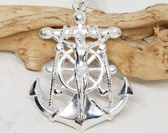 GROSSER Ankeranhänger, silberner Kruzifixanhänger, religiöser Charme, nautischer Charme, männlicher Schmuck, 1,6 "x 1,6"