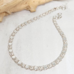 925 GENUINE Sterling Silver Heart Anklet, Silver Flower Filigree Anklet, Silver Solid Link Bracelet, Birthday Gift, Gift for her, 9-9 3/4&quot;