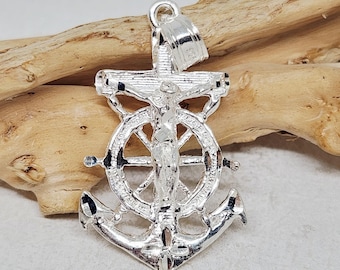ECHTER Sterlingsilber-Ankeranhänger, silberner Kruzifixanhänger, religiöser Charme, nautischer Charme, männlicher Schmuck, 3,3 cm x 2,3 cm