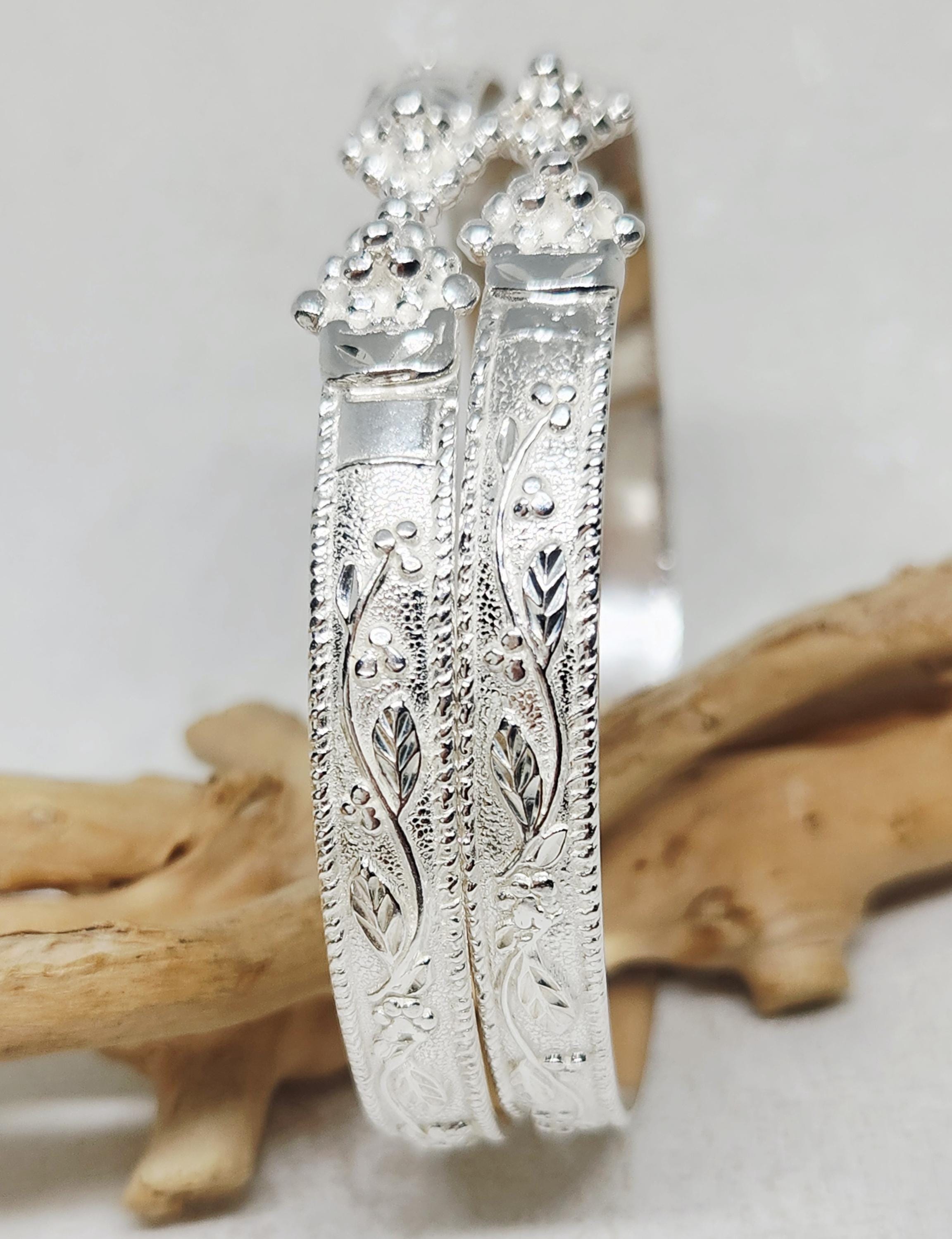925 GENUINE Sterling Silver Flat Bangles, Grape Head Bangles, Hand ...