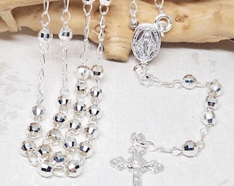 Terço em Prata de Lei 925 Genuína, Terço da Virgem Maria, Joia com Cruz, Medalhão de Santo, Presente Religioso, Corrente de Bolinhas Brilhantes de 4 mm