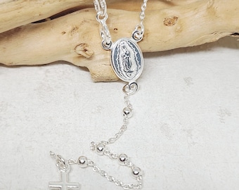 925 GENUINE Sterling Silver Rosary Necklace, Dainty Rosary, Virgin Mary Rosary, Cross Jewelry, Religious Gift, Plain Ball Necklace, 23" long