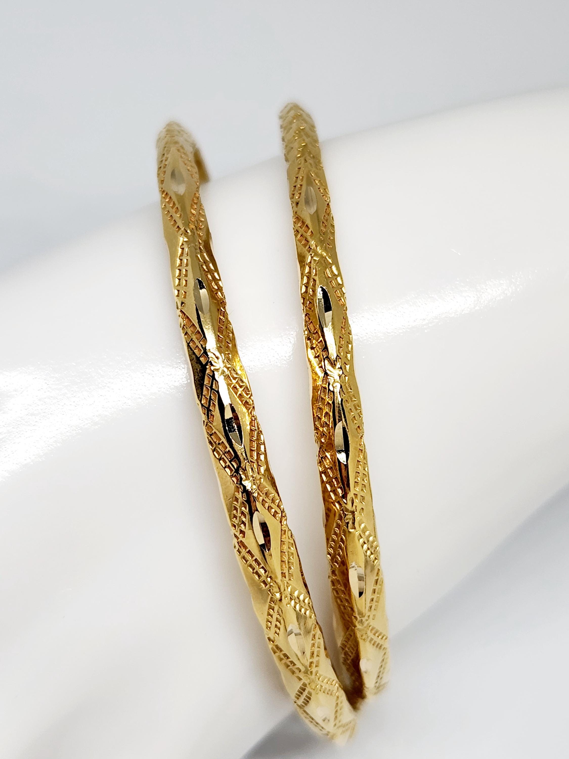 Solid Bangles 14K Yellow Gold Bangles, Gold Diamond Chisel Pattern Bangles, Unisex ...