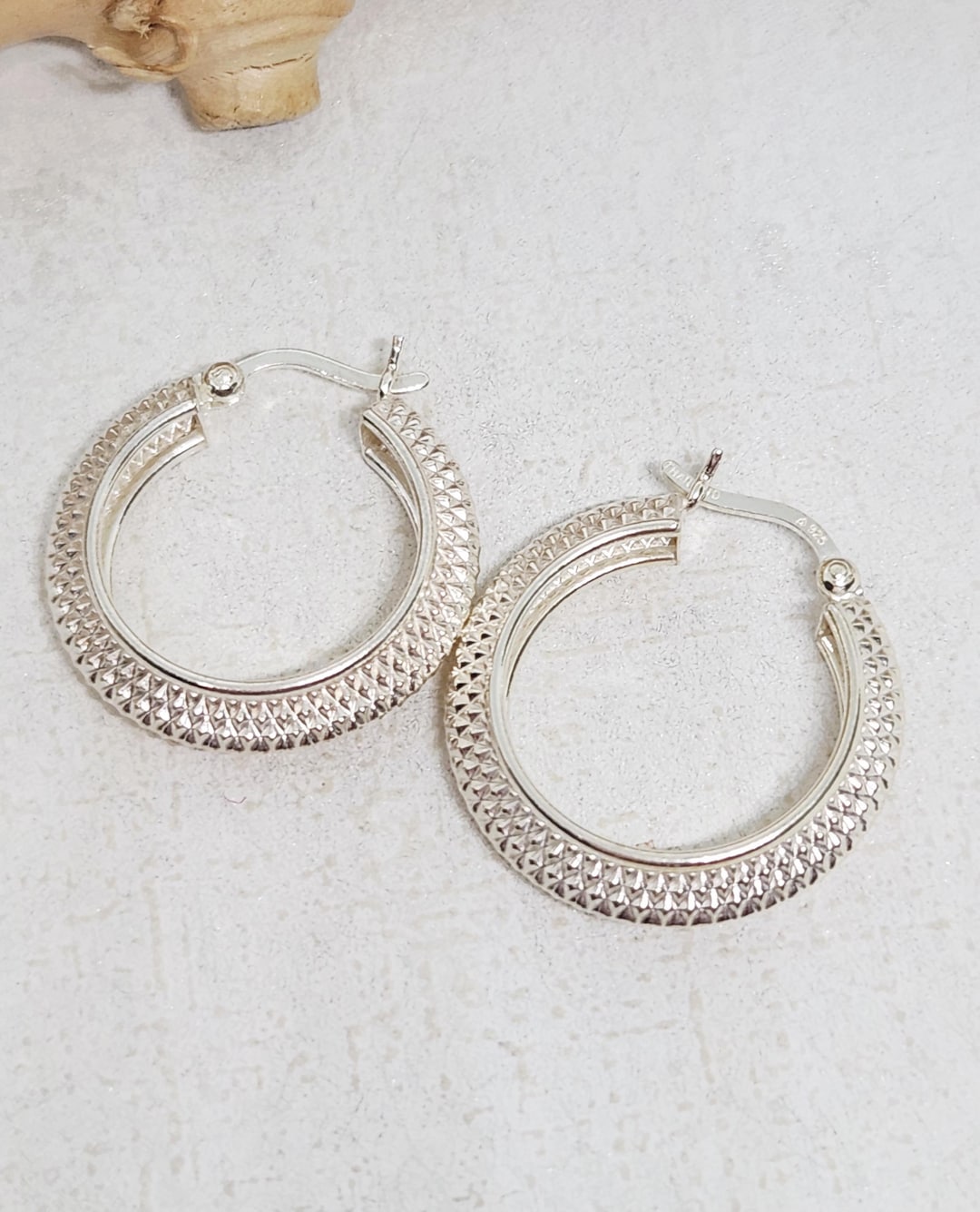 925 Genuine Sterling Silver Hoop Earrings, Medium Silver Hoops Textured ...