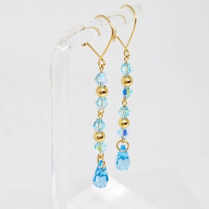 10K Yellow Gold VINTAGE Crystal Earrings, Gold Crystal Earrings, Gold Hanging Earrings, Gold Light Blue Bead Earrings, Hand Strung Earrings