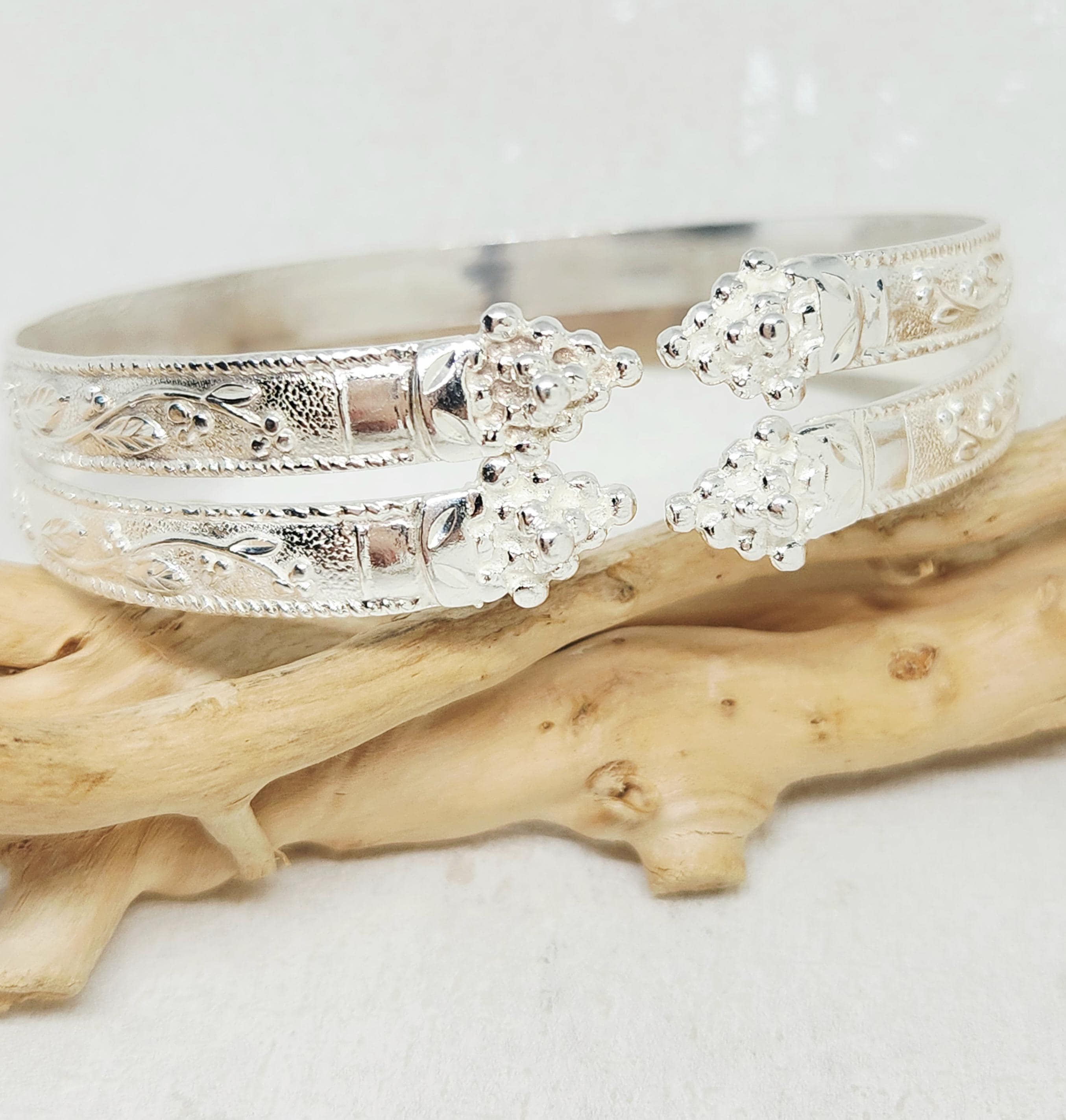 925 GENUINE Sterling Silver Flat Bangles, Grape Head Bangles, Hand ...