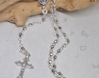 925 GENUINE Sterling Silver Rosary Necklace, Virgin Mary Rosary, Cross Jewelry, Saint Medallion, Religious Gift, 3mm Shiny Bead Ball Chain