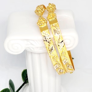 10K Yellow Gold Bangles, Gold Grape Head Bracelets, Gold Hand Carved Flower Bangles, Gold West Indian Bangles, Gift for Mom, 7.5&quot; width