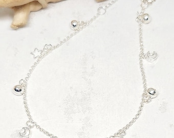 Tobillera de plata de ley 925 auténtica, tobillera con dije de plata, tobillera de eslabones Rolo de plata, tobillera con dije de bola, tobillera celestial, tobillera delicada, 8.5-10"