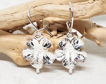 925 GENUINE Sterling Silver Flower Earrings, Silver Hibiscus Earrings, Silver Floral Earrings, West Indian Jewelry, Caribbean Jewelry, 3cm