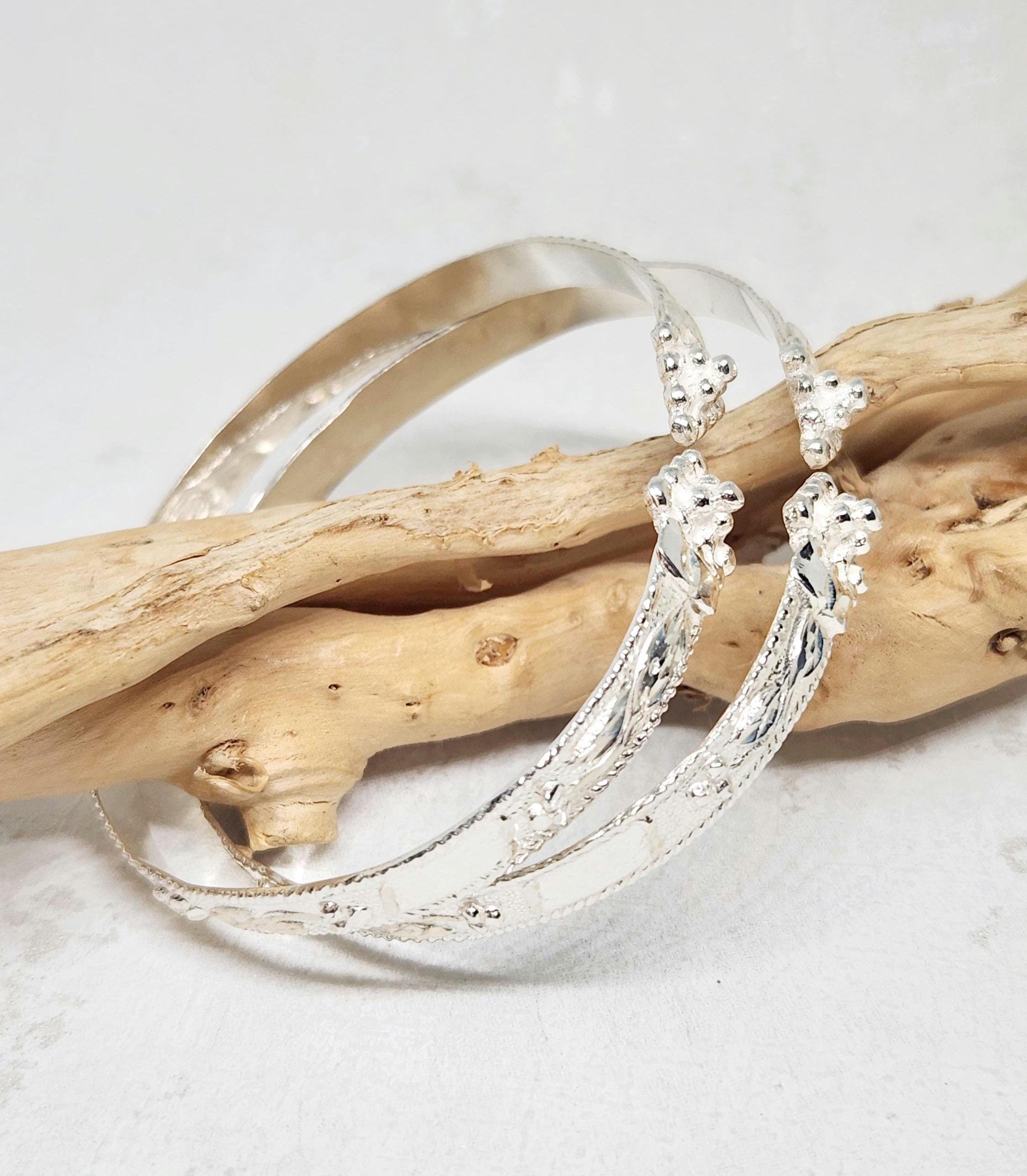 925 GENUINE Sterling Silver Flat Bangles, Grape Head Bracelets