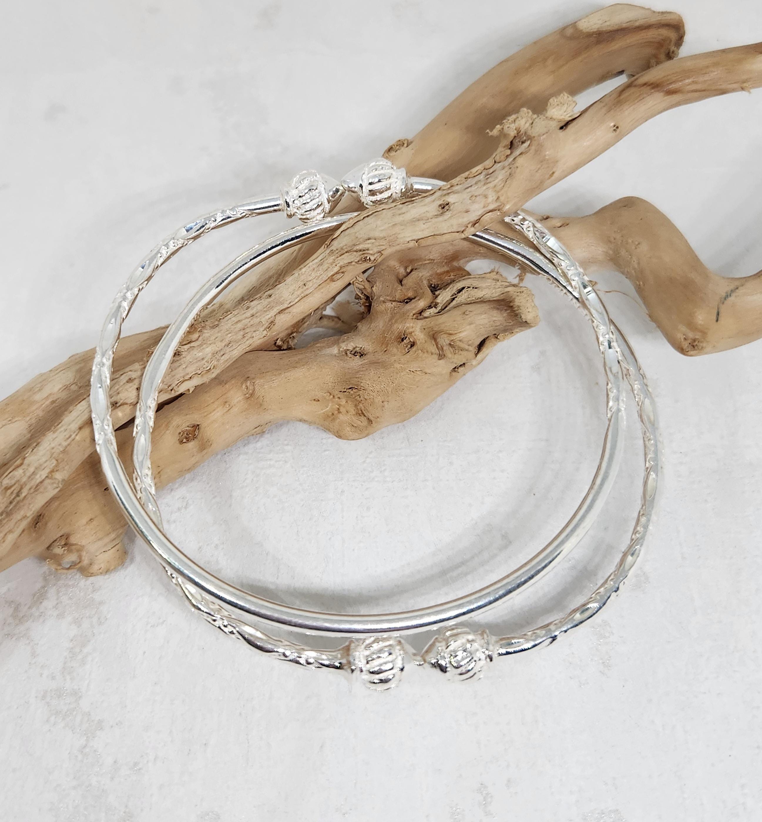 925 GENUINE Sterling Silver Cone Head Bangles, Silver Hand Carved