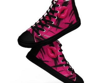 Pink Lips High-Top Sneakers: Men's Canvas Streetwear Shoes