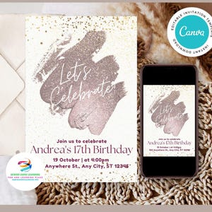 Faire-part d'anniversaire modifiable en or rose, invitation scintillante pour adolescents et femmes, téléchargement numérique 5 x 7 pouces, prêt à imprimer, modèles