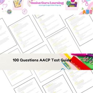 以下が含まれることがあります： 黄色でハイライトされたテキストが記載された白い紙の束で、「100 Questions AACP Test Guide」と題されています。画像には赤い定規、ペーパークリップ、ピンクのペンが含まれています。画像の上部には「Genius Guru Learning」というテキストがあります。