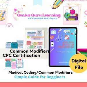 Könnte beinhalten: Eine digitale Datei für die medizinische Kodierungszertifizierung mit einem bunten Cover mit medizinischen Symbolen und dem Text "Medical Coding Certification Common Modifiers A Simple Guide for Beginners".