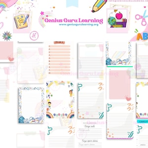 Può includere: Una collezione di cancelleria rosa e bianca con illustrazioni colorate e il testo "Genius Guru Learning". La cancelleria include carta a righe, blocchi per appunti e bordi decorativi.