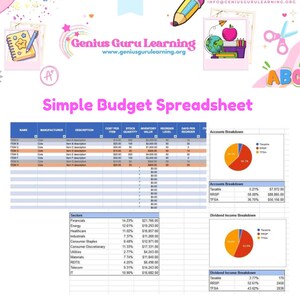 May include: A spreadsheet with a simple budget template. The spreadsheet includes sections for name, manufacturer, description, cost per item, stock quantity, inventory value, reorder level, and days per reorder. The spreadsheet also includes a pie chart showing the breakdown of accounts, with the categories taxable, RRSP, and TFSA. The spreadsheet also includes a pie chart showing the breakdown of dividend income, with the categories taxable, RRSP, and TFSA.