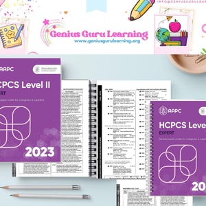 Pode incluir: Dois livros roxos com espiral na encadernação que mostram o texto "AAPC HCPCS Level II EXPERT" e "Service/supply codes for caregivers & suppliers" na capa. O ano 2023 está impresso na parte inferior da capa.