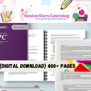 May include: A purple book with the title "AAPC Medical Coding Training CPC Certified Professional Coder Certification Preparation" and the text "Official Study Guide" on the cover. The book is open to reveal pages with text and a table of contents. The image also includes a text overlay that reads "EBOOK (DIGITAL DOWNLOAD) 400+ PAGES".