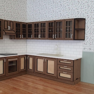 May include: A miniature kitchen set with brown cabinets, a white countertop, and a white tiled backsplash. The cabinets have glass doors and wood paneling.