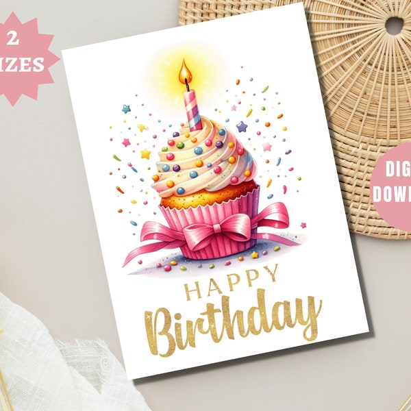 Happy Birthday Card - Colorful Cupcake - Printable Birthday, Digital Download, Card for girls