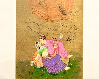 Mughal Court Scene Miniature Painting: Indian Dynasty Art on Old