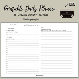 May include: A black and white printable daily planner with a simple design. The planner includes sections for top priorities, a to-do list, and notes. The date is 01/09/2023. The planner is available in A4 size and can be printed instantly.