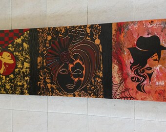 Venetian Mask Triptych: Mixed Media Acrylic Painting on Canvas