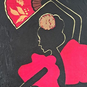 May include: A black and red silhouette of a flamenco dancer with a red fan and gold accents. The dancer is wearing a red dress and has a gold flower in her hair. The background is black with gold accents.
